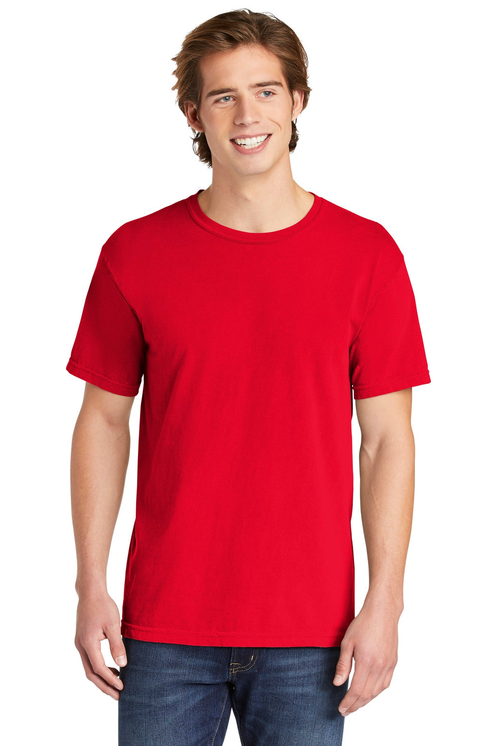 Front View of Red COMFORT COLORS Heavyweight Ring Spun Tee. 1717