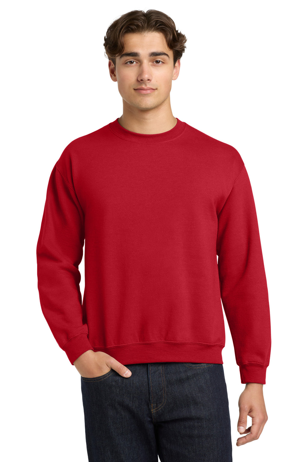 Front View of Red Gildan Heavy Blend Crewneck Sweatshirt. 18000