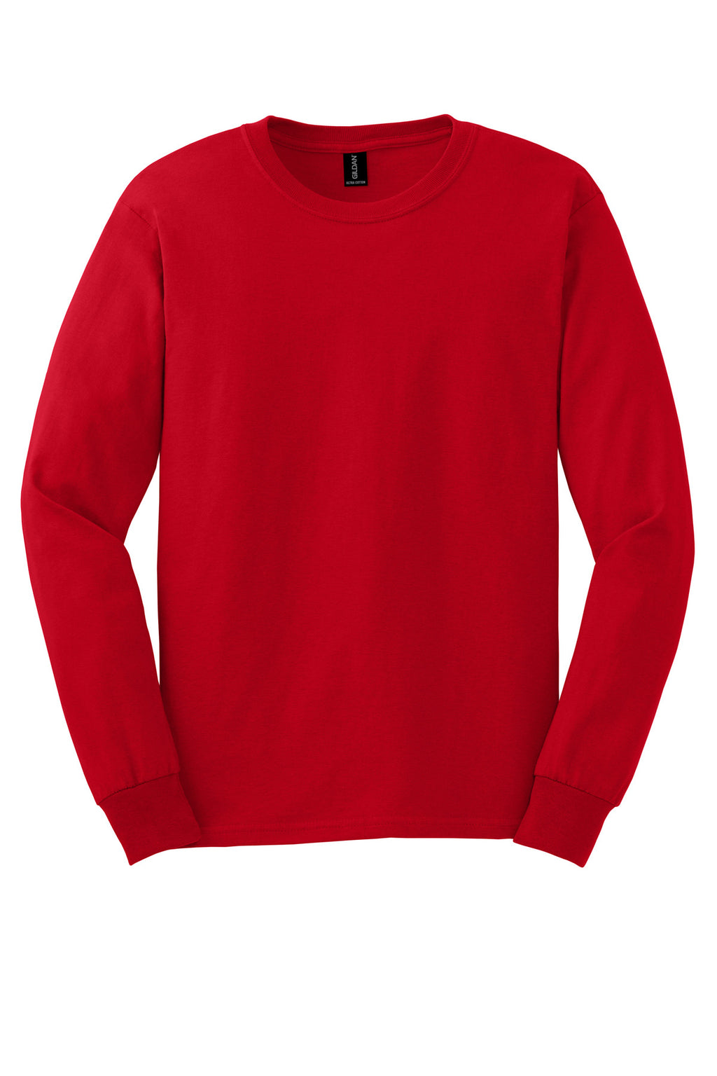 Front View of Red Gildan - Ultra Cotton 100% US Cotton Long Sleeve T-Shirt. G2400
