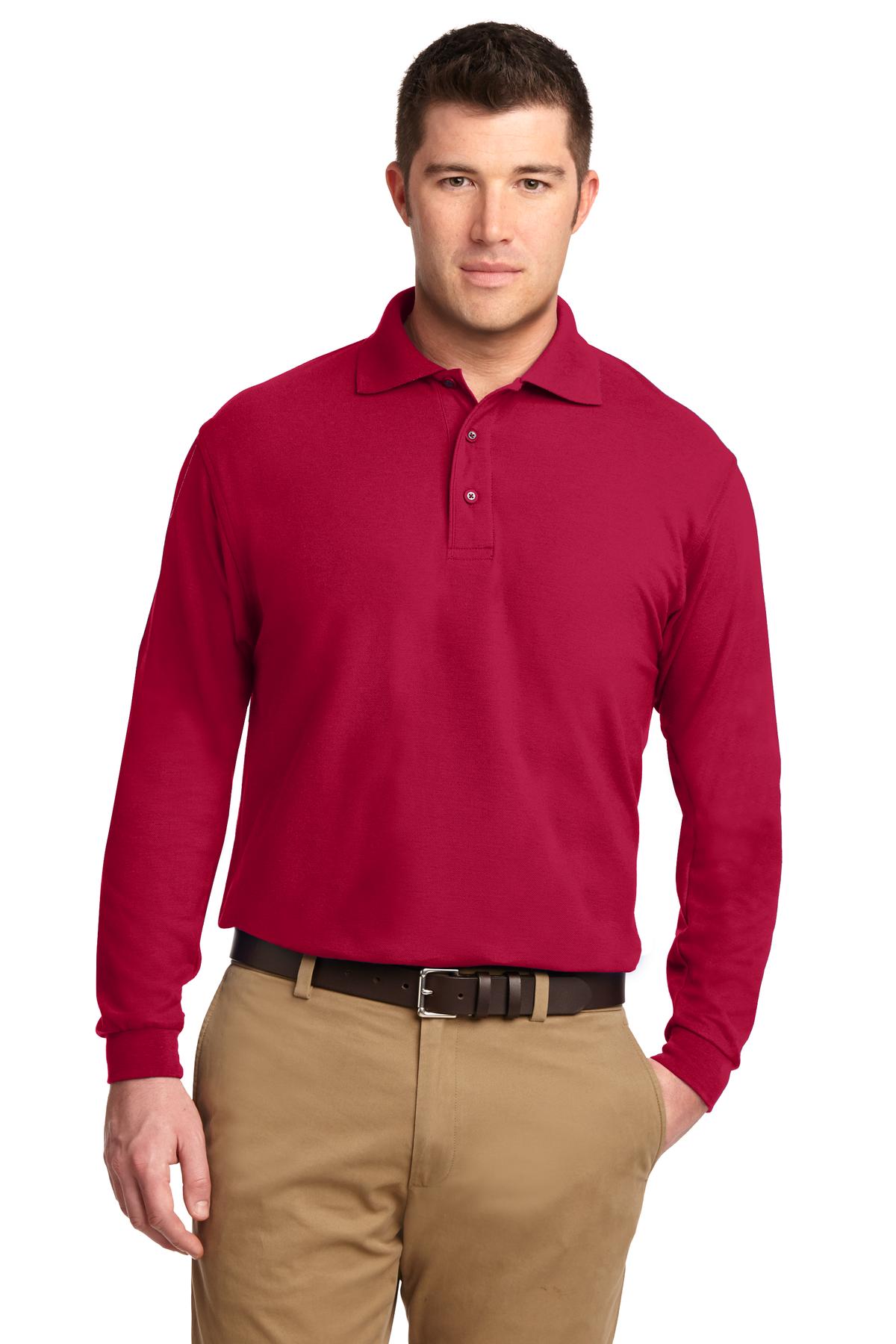 Front View of Red Port Authority Silk Touch Long Sleeve Polo. K500LS