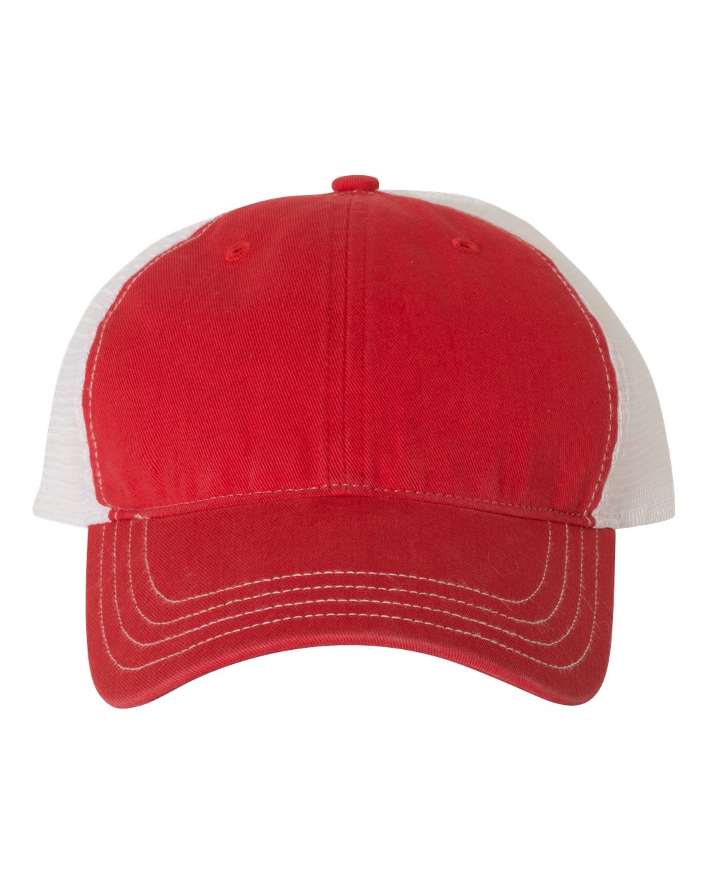 Front View of Red/ White Garment-Washed Trucker Cap - 111