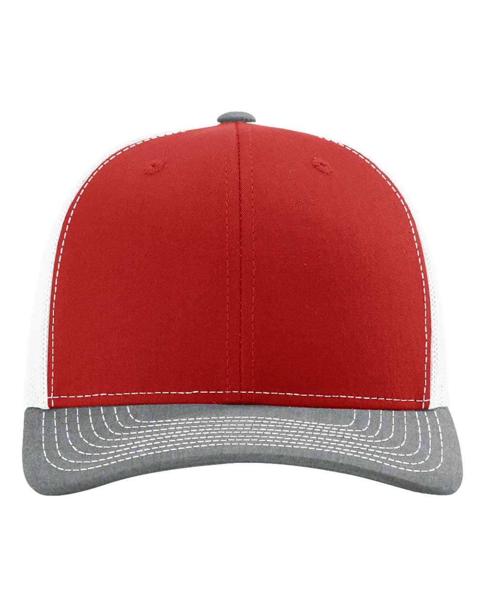 Front View of Red/ White/ Heather Grey Snapback Trucker Cap - 112