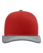 Front View of Red/ White/ Heather Grey Snapback Trucker Cap - 112