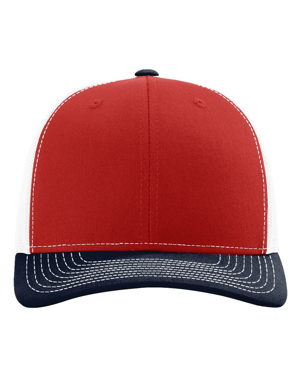 Front View of Red/ White/ Navy Snapback Trucker Cap - 112