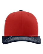 Front View of Red/ White/ Navy Snapback Trucker Cap - 112