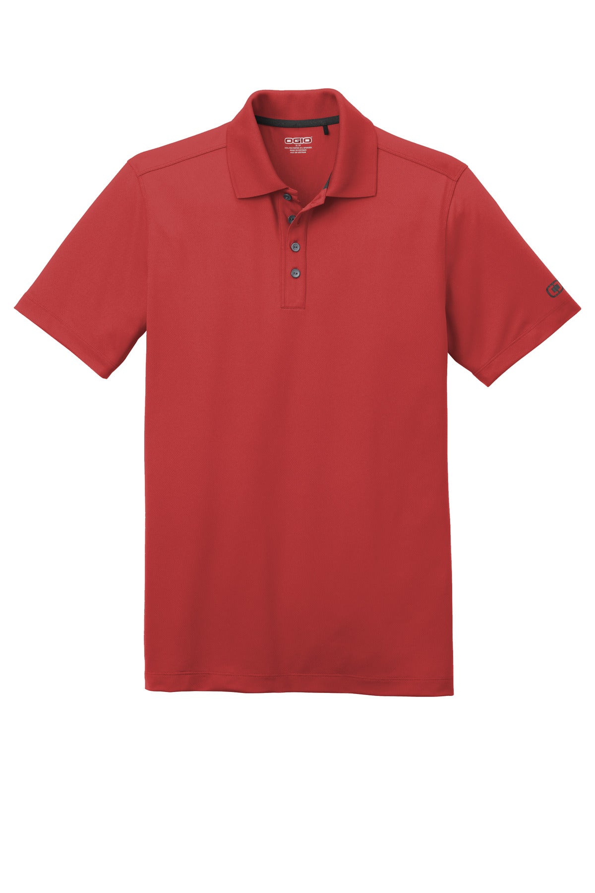 Front View of Ripped Red OGIO Metro Polo. OG130