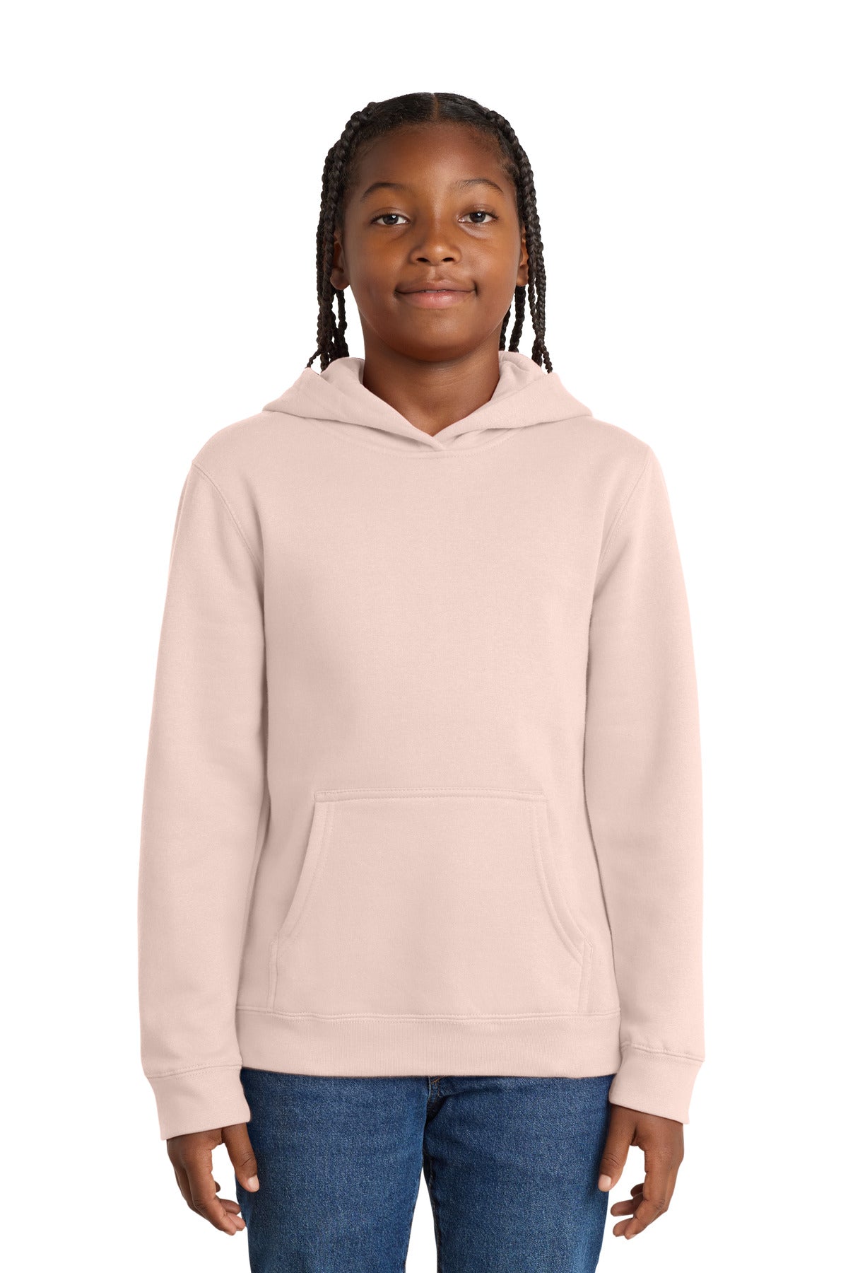 Front View of Rosewater Pink District Youth V.I.T. Fleece Hoodie DT6100Y