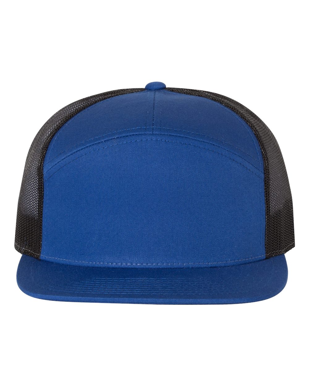 Front View of Royal/ Black Seven-Panel Trucker Cap - 168