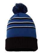 Front View of Royal/ Black/ White Pom Cuffed Beanie - 134