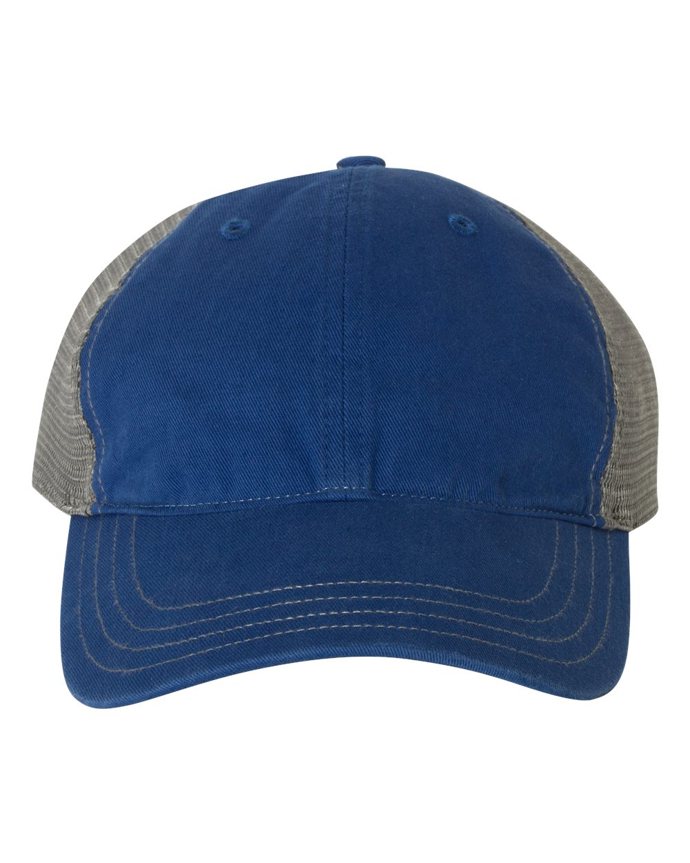 Front View of Royal/ Charcoal Garment-Washed Trucker Cap - 111