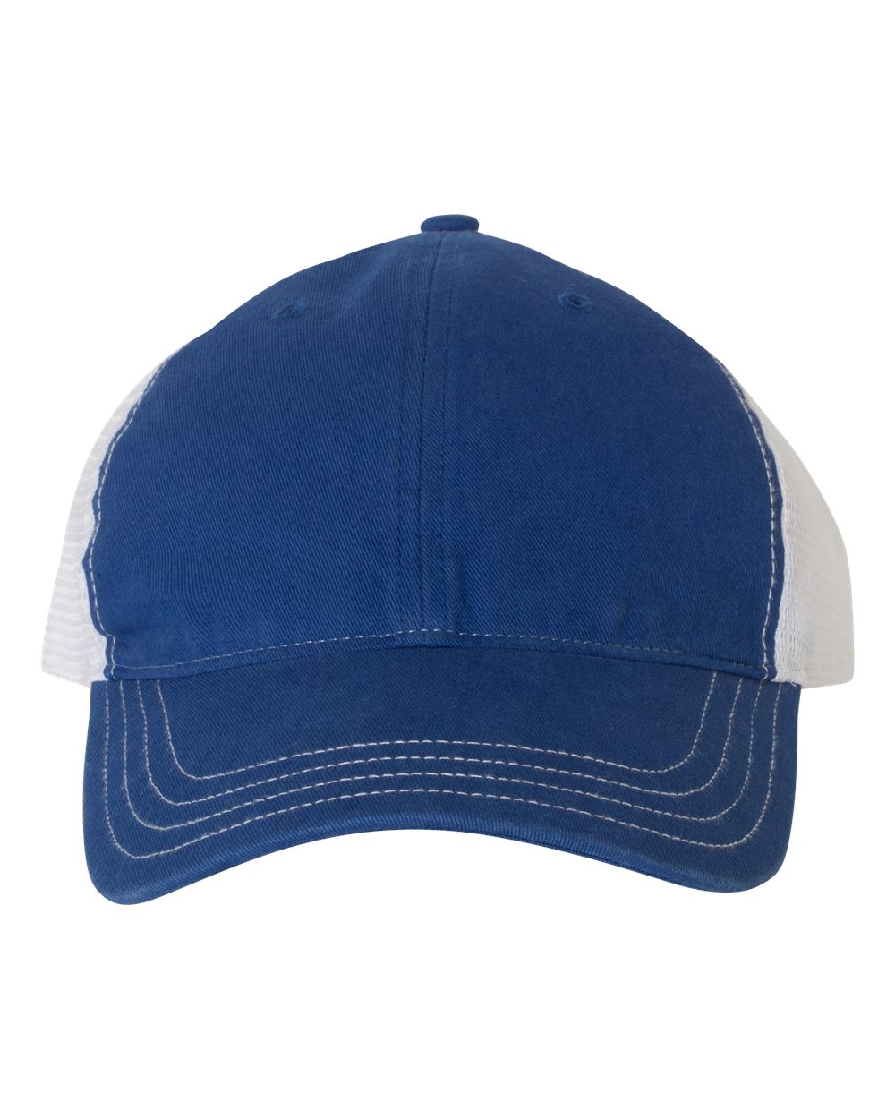 Front View of Royal/ White Garment-Washed Trucker Cap - 111