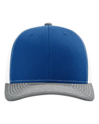 Front View of Royal/ White/ Heather Grey Snapback Trucker Cap - 112