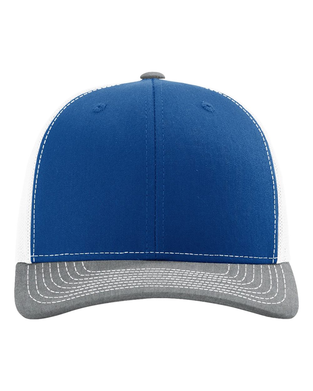 Front View of Royal/ White/ Heather Grey Snapback Trucker Cap - 112