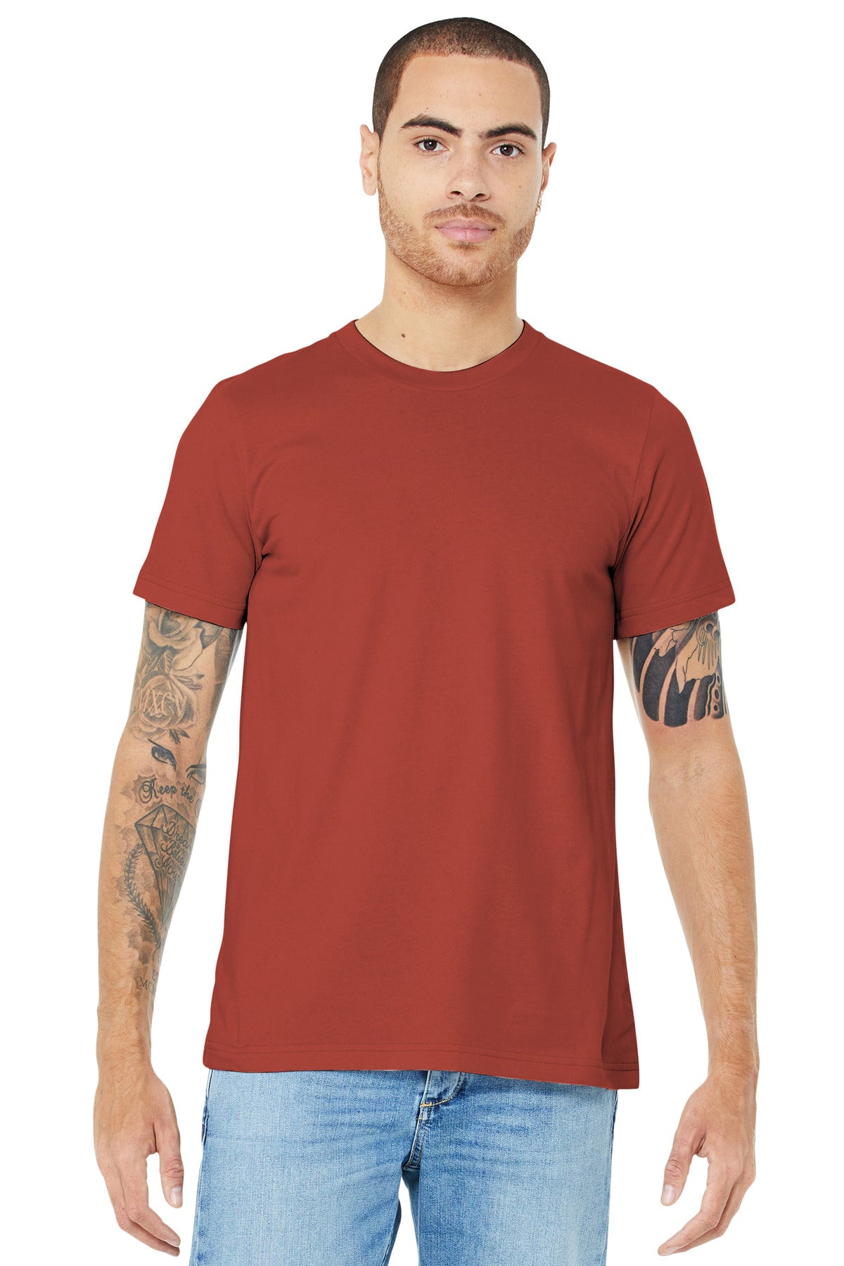 Front View of Rust BELLA+CANVAS Unisex Jersey Short Sleeve Tee. BC3001