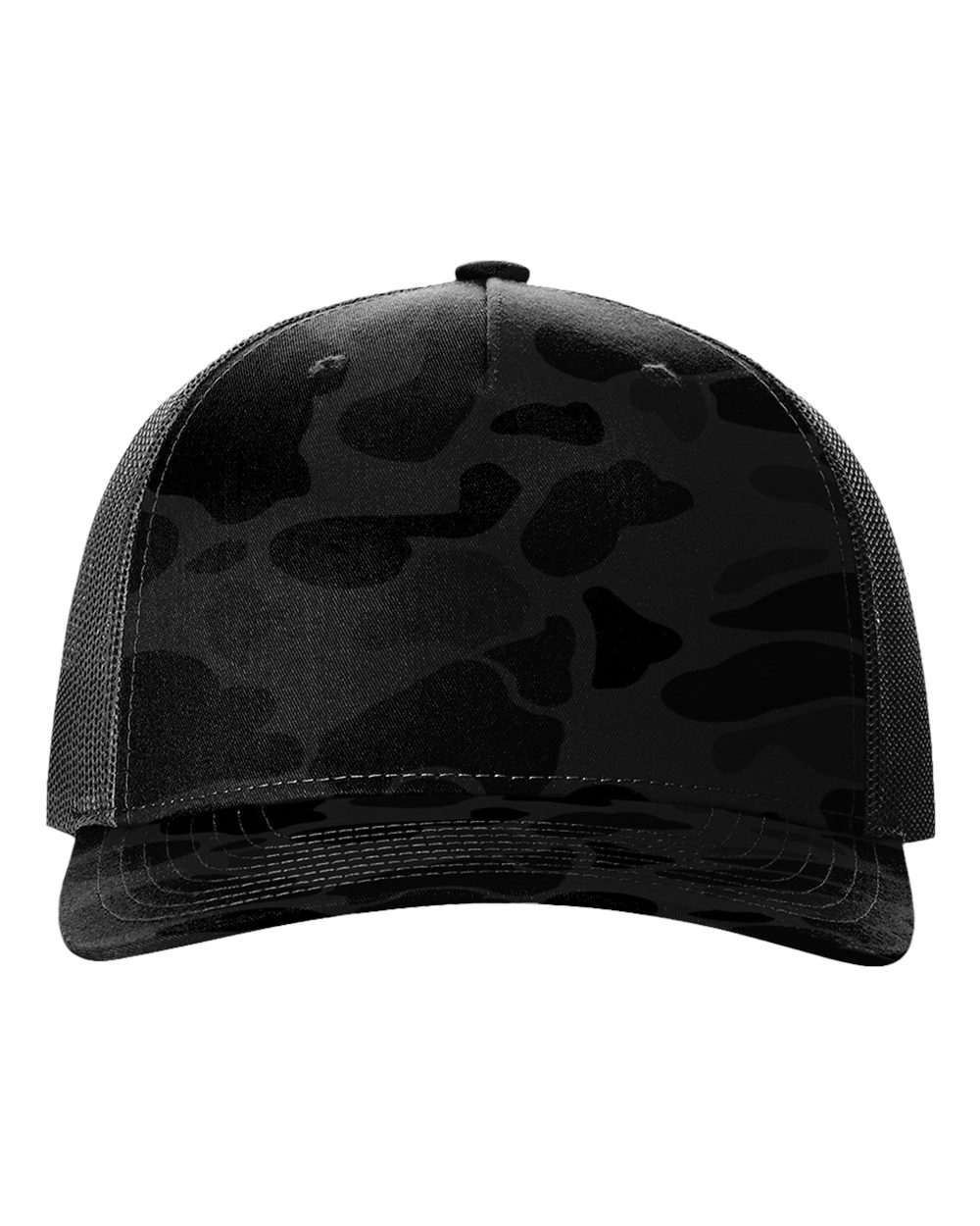 Front View of Sable Duck Camo/ Black Five-Panel Printed Trucker Cap - 112PFP