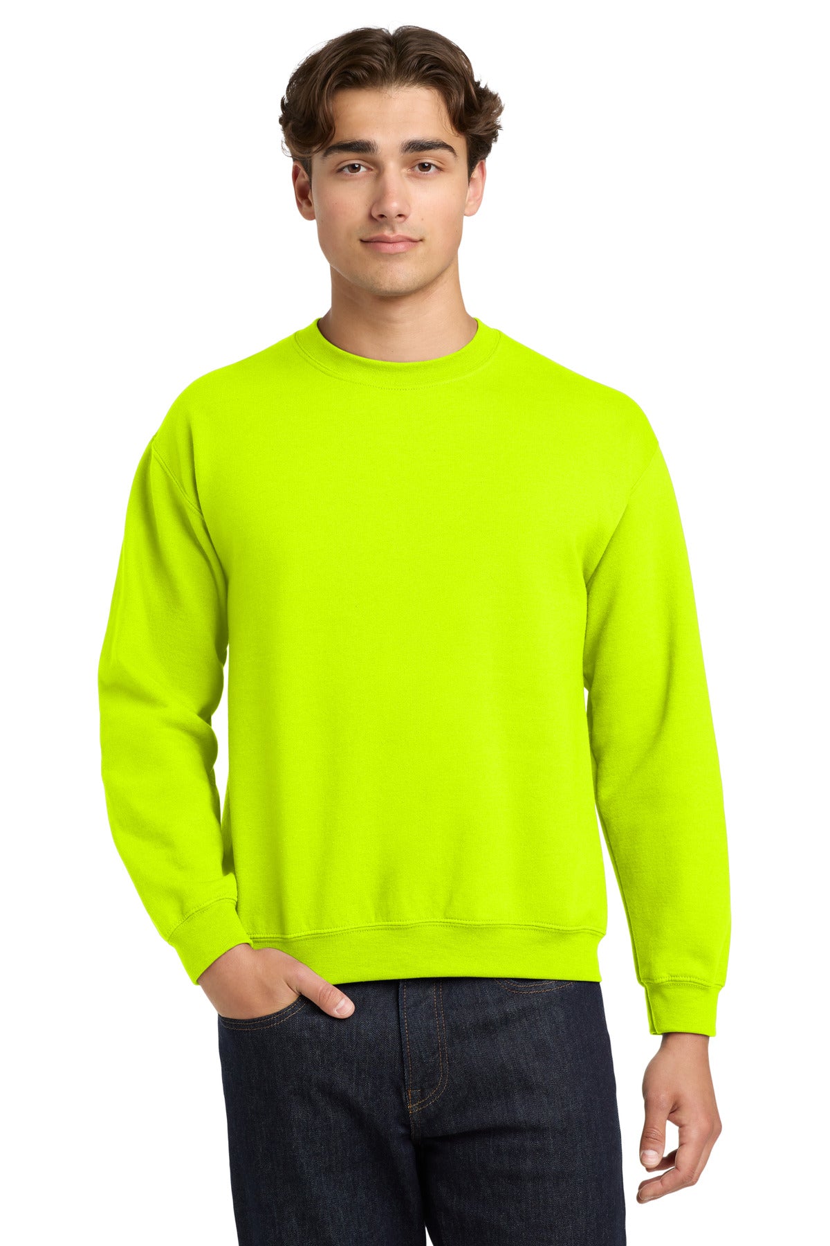 Front View of Safety Green Gildan Heavy Blend Crewneck Sweatshirt. 18000