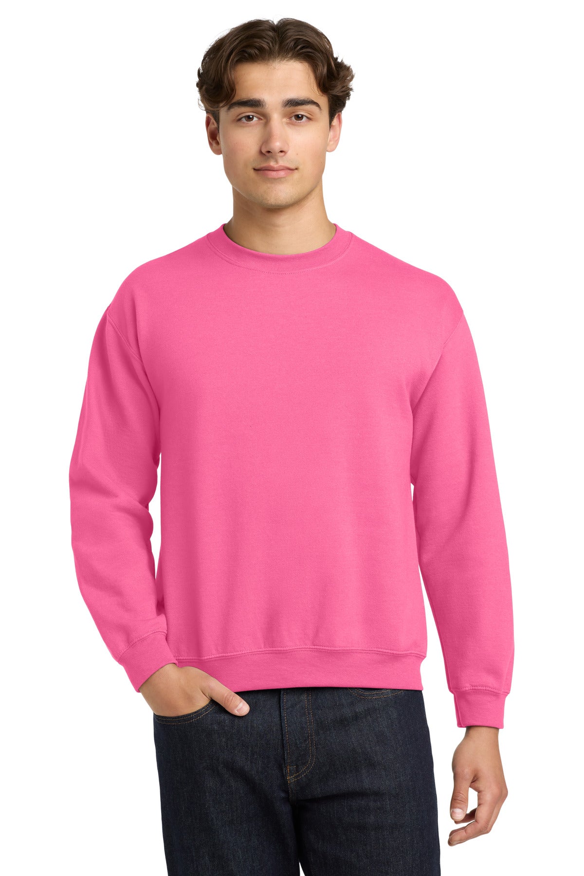 Front View of Safety Pink Gildan Heavy Blend Crewneck Sweatshirt. 18000