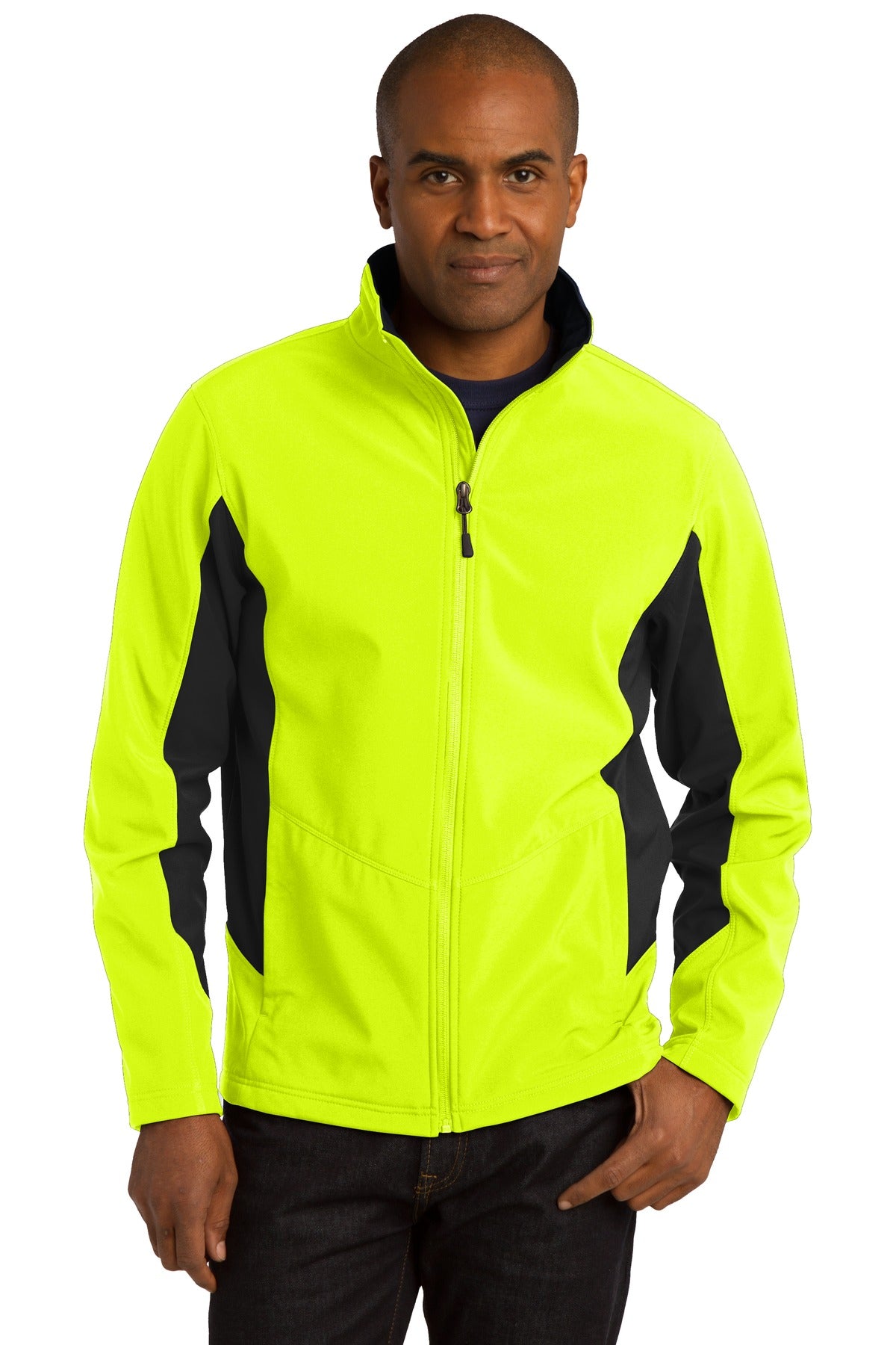 Front View of Safety Ylw/Blk Port Authority Core Colorblock Soft Shell Jacket. J318