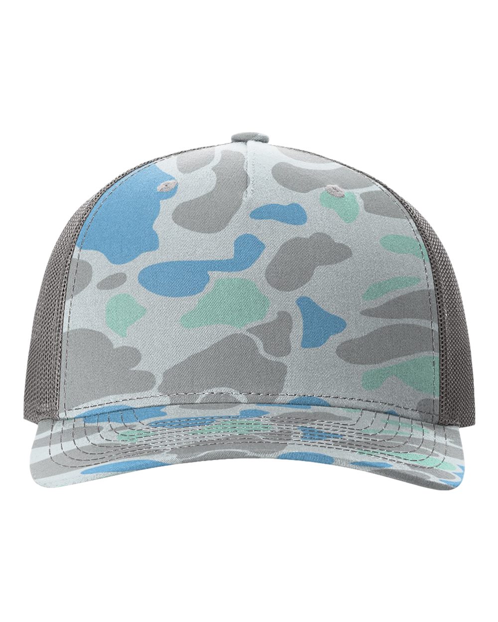 Front View of Saltwater Duck Camo/ Charcoal Five-Panel Printed Trucker Cap - 112PFP