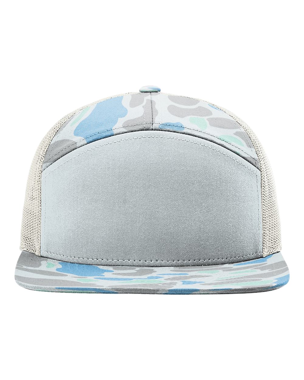 Front View of Saltwater Duck Camo/ Ice Grey Printed Seven-Panel Trucker Cap - 168P