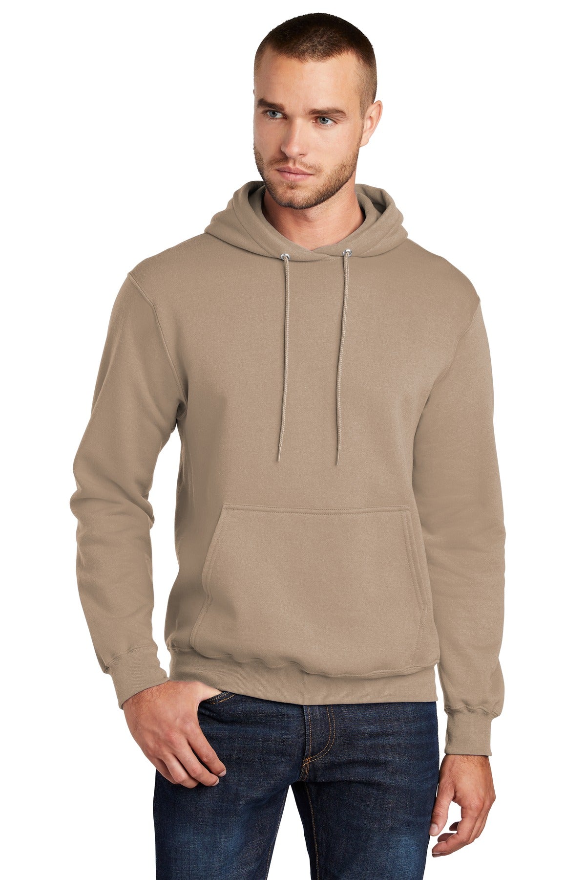 Front View of Sand Port & Co Core Fleece Pullover Hooded Sweatshirt. PC78H