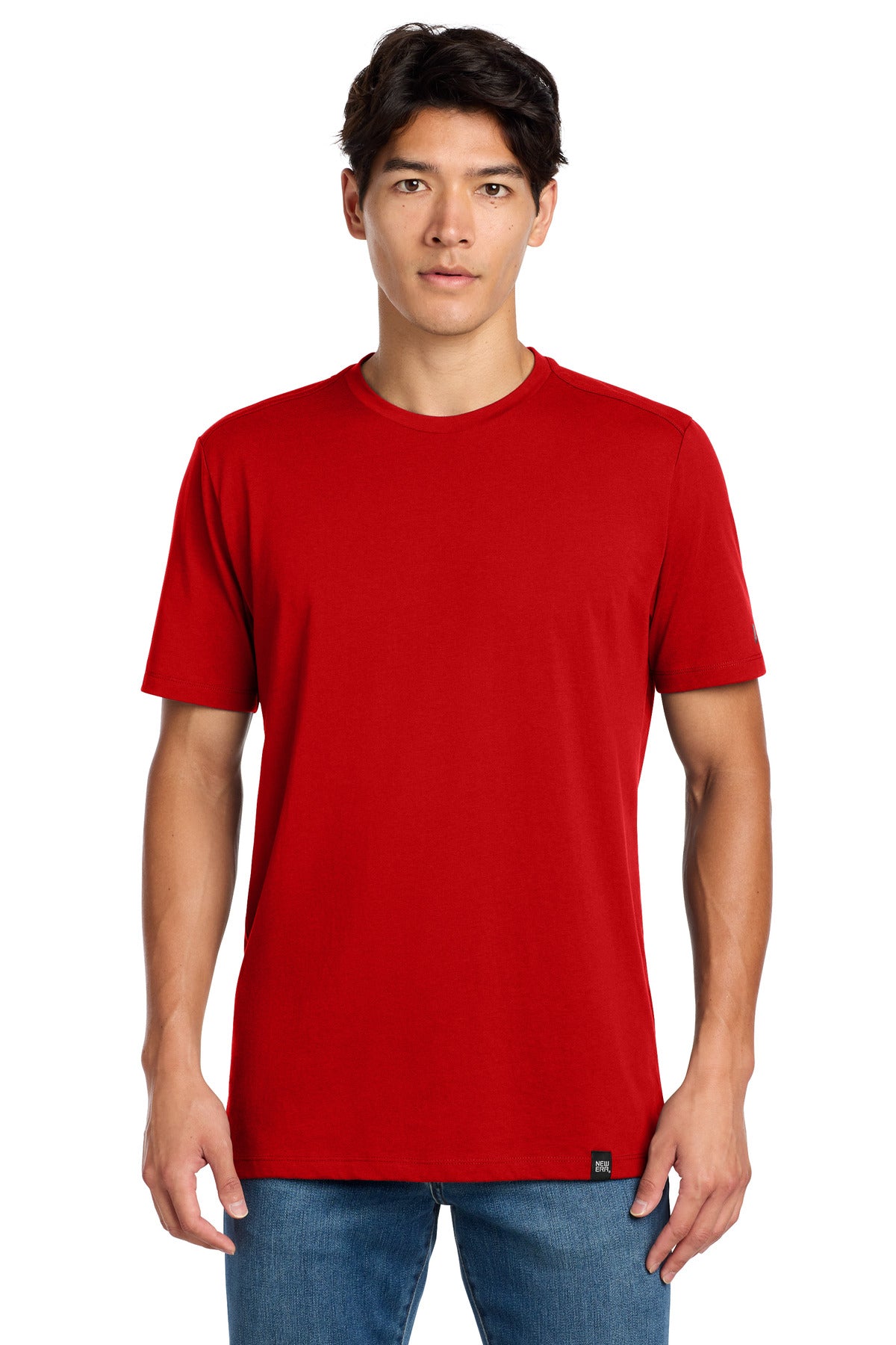 Front View of Scarlet New Era Heritage Blend Crew Tee. NEA100