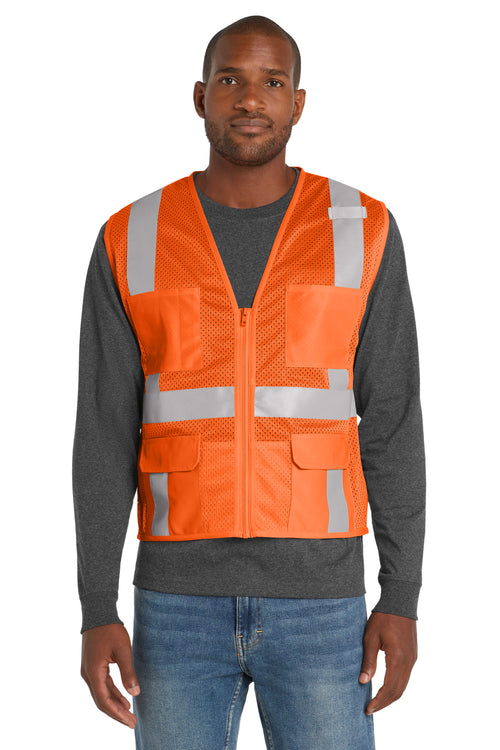 Front View of SftyOrg CornerStone ANSI 107 Class 2 Mesh Six-Pocket Zippered Vest. CSV104