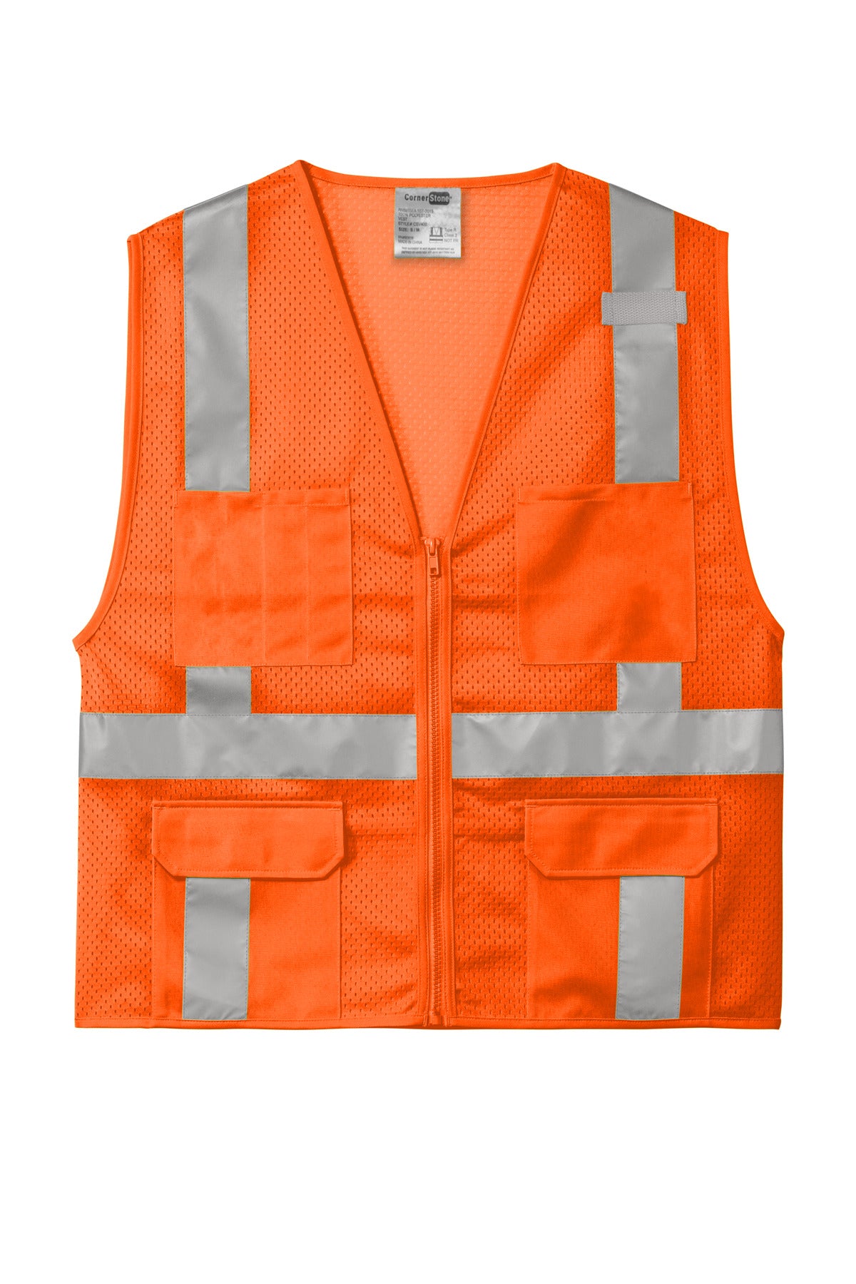 Front View of SftyOrg CornerStone ANSI 107 Class 2 Mesh Six-Pocket Zippered Vest. CSV104