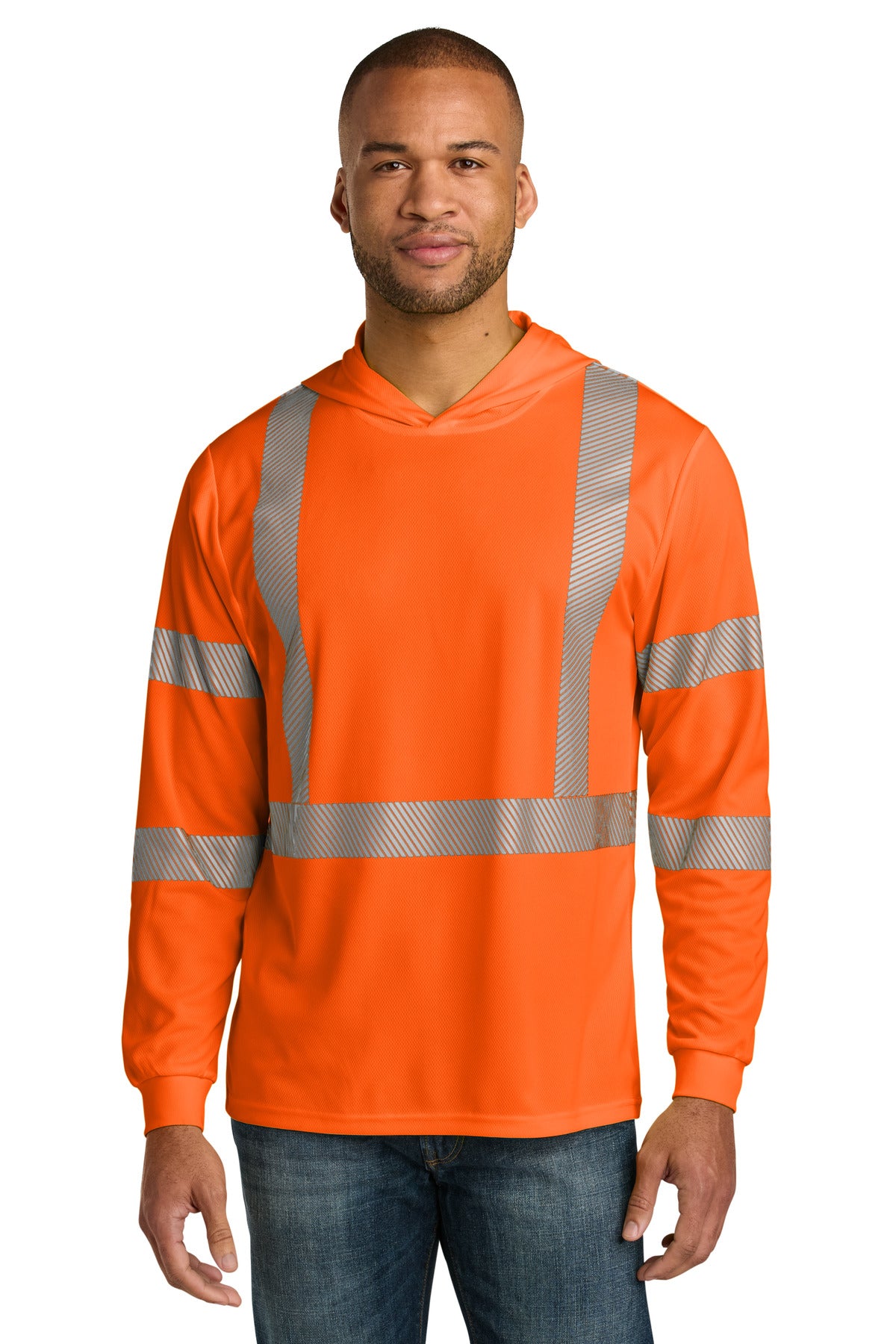 Front View of SftyOrg CornerStone ANSI 107 Class 3 Long Sleeve Segmented Tape Hooded Tee CS208