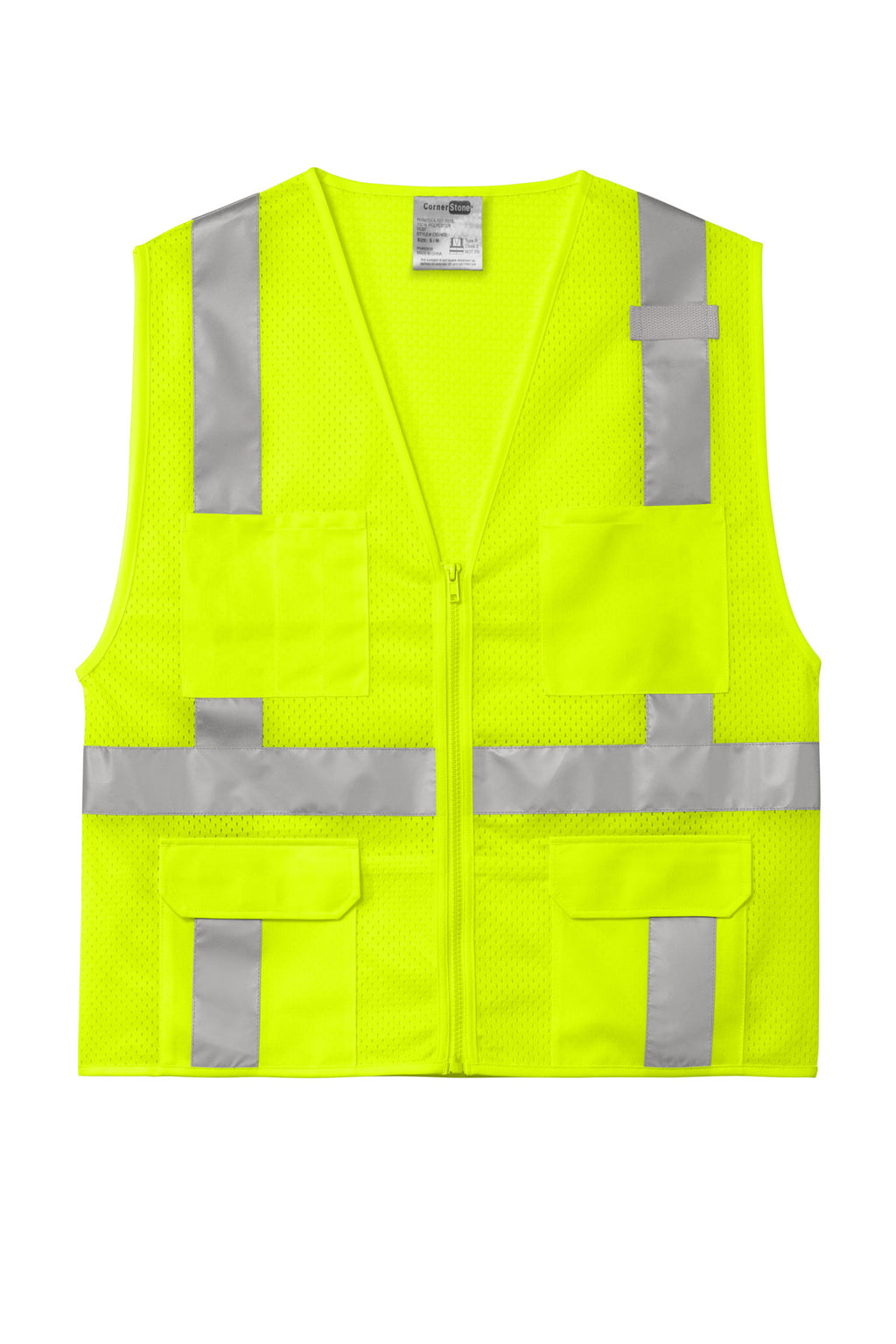 Front View of SftyYellow CornerStone ANSI 107 Class 2 Mesh Six-Pocket Zippered Vest. CSV104