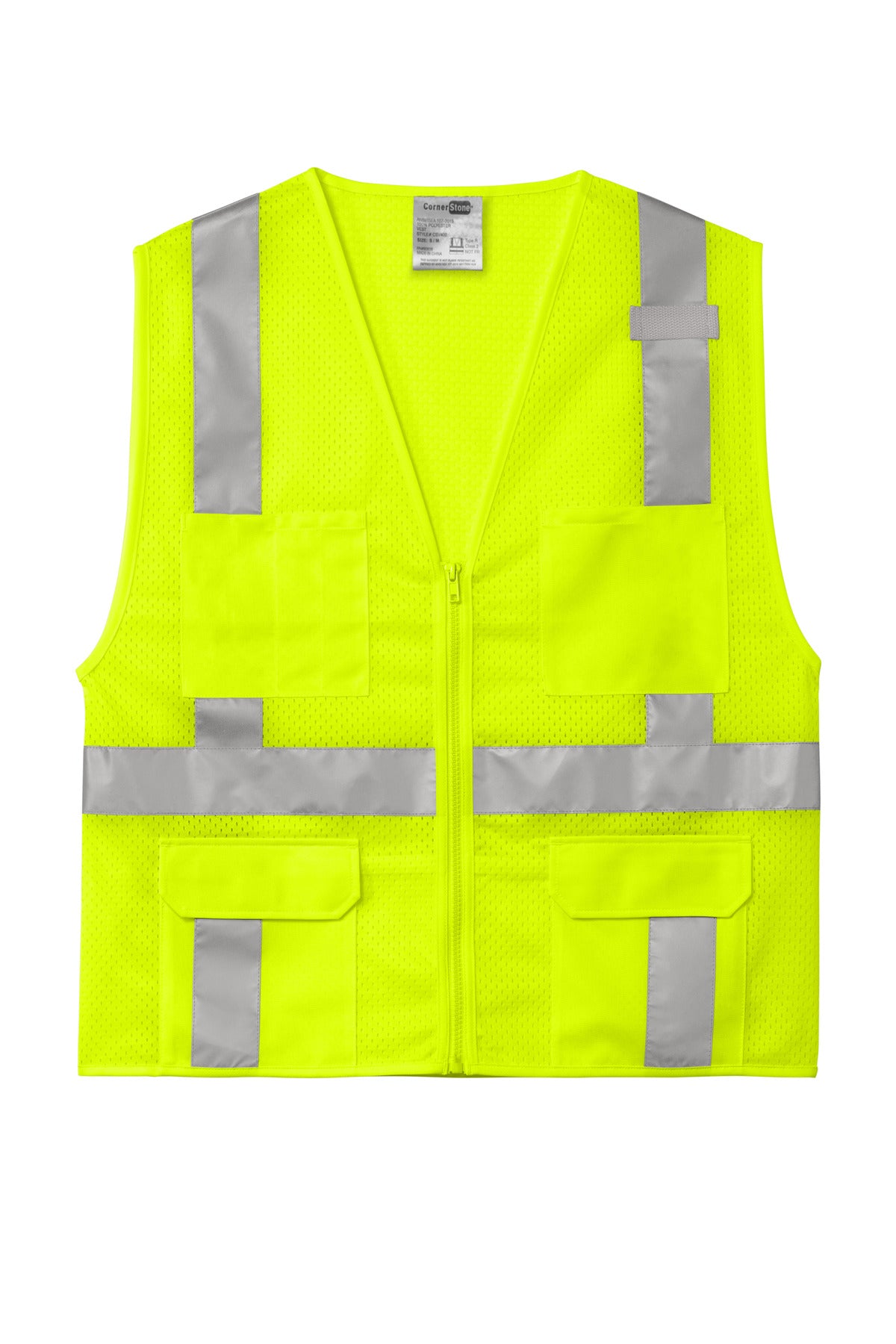 Front View of SftyYellow CornerStone ANSI 107 Class 2 Mesh Six-Pocket Zippered Vest. CSV104