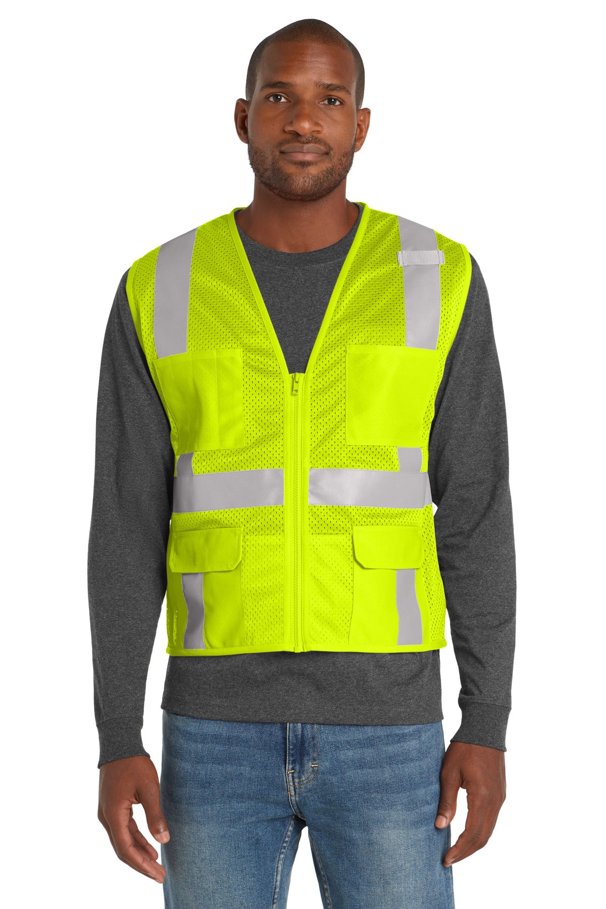 Front View of SftyYellow CornerStone ANSI 107 Class 2 Mesh Six-Pocket Zippered Vest. CSV104