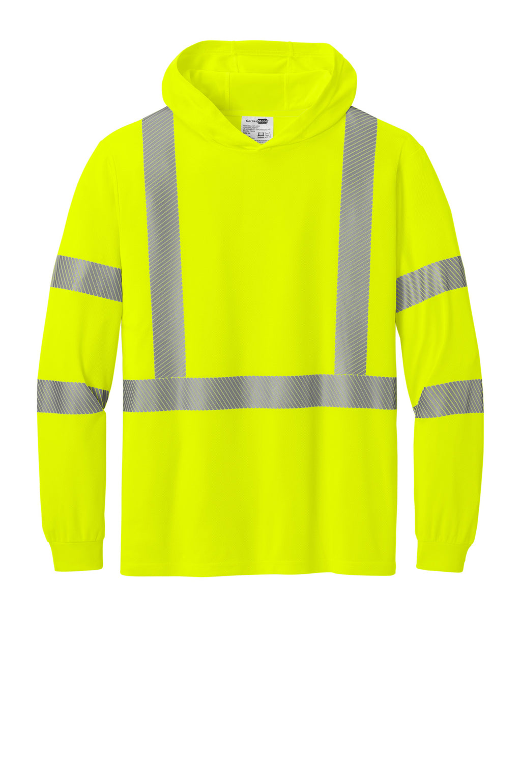 Front View of SftyYellow CornerStone ANSI 107 Class 3 Long Sleeve Segmented Tape Hooded Tee CS208