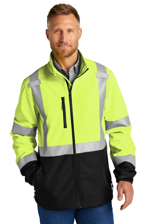 Front View of SftyYellow CornerStone ANSI 107 Class 3 Soft Shell Jacket CSJ503