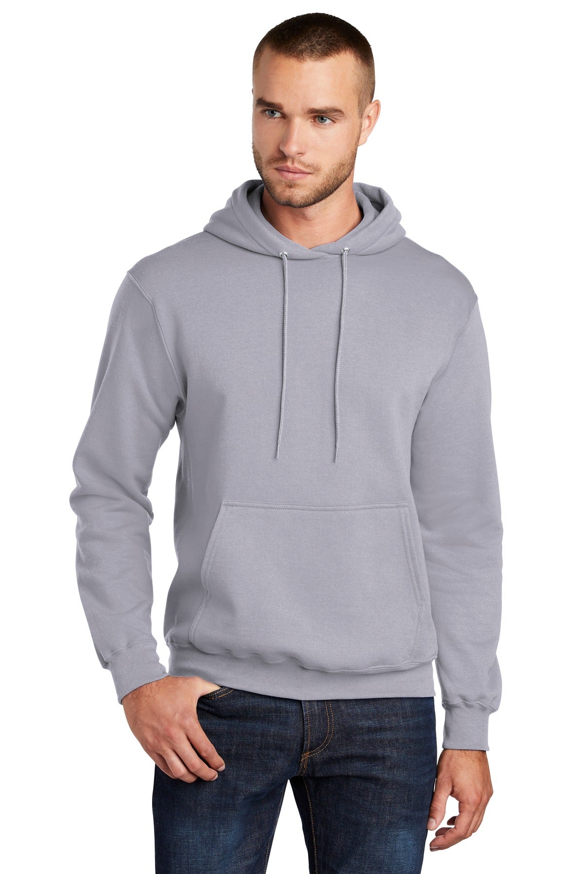 Front View of Silver Port & Co Core Fleece Pullover Hooded Sweatshirt. PC78H