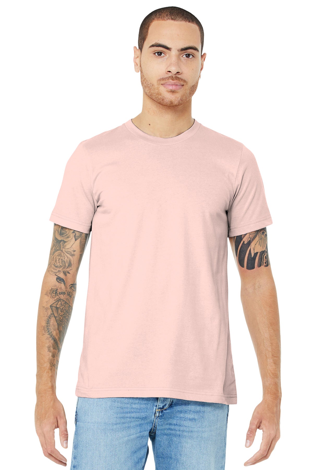 Front View of Soft Pink BELLA+CANVAS Unisex Jersey Short Sleeve Tee. BC3001