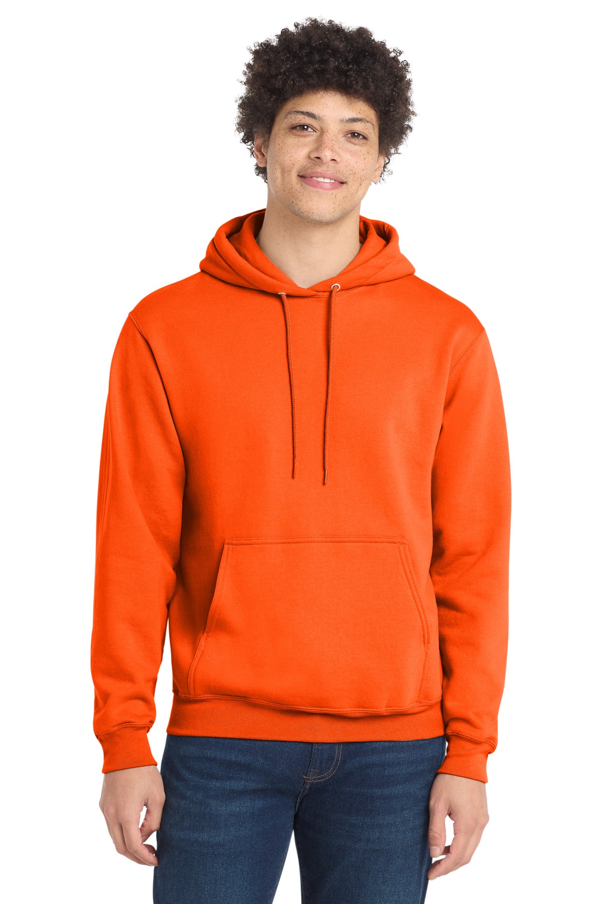 Front View of SOrange Port & Co Core Fleece Pullover Hooded Sweatshirt. PC78H