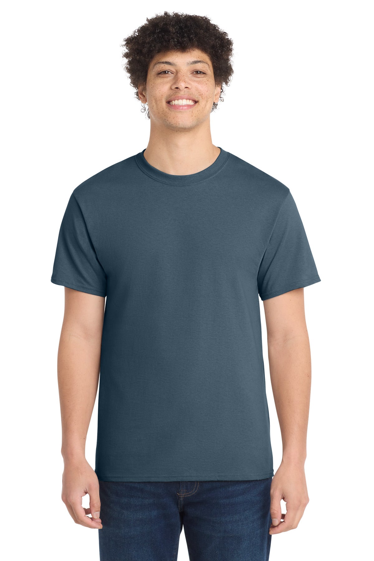 Front View of Steel Blue Port & Co Core Cotton Tee. PC54
