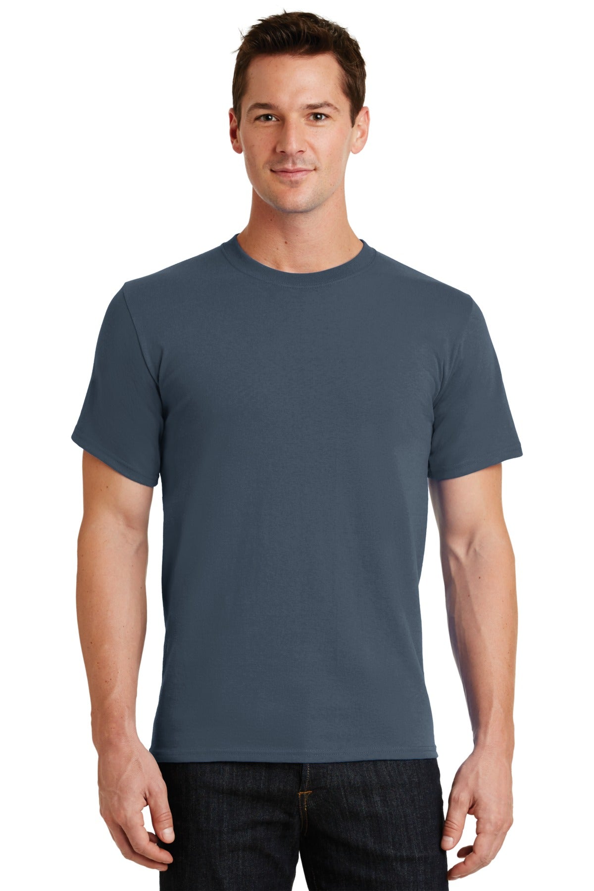 Front View of Steel Blue Port & Co Essential Tee. PC61