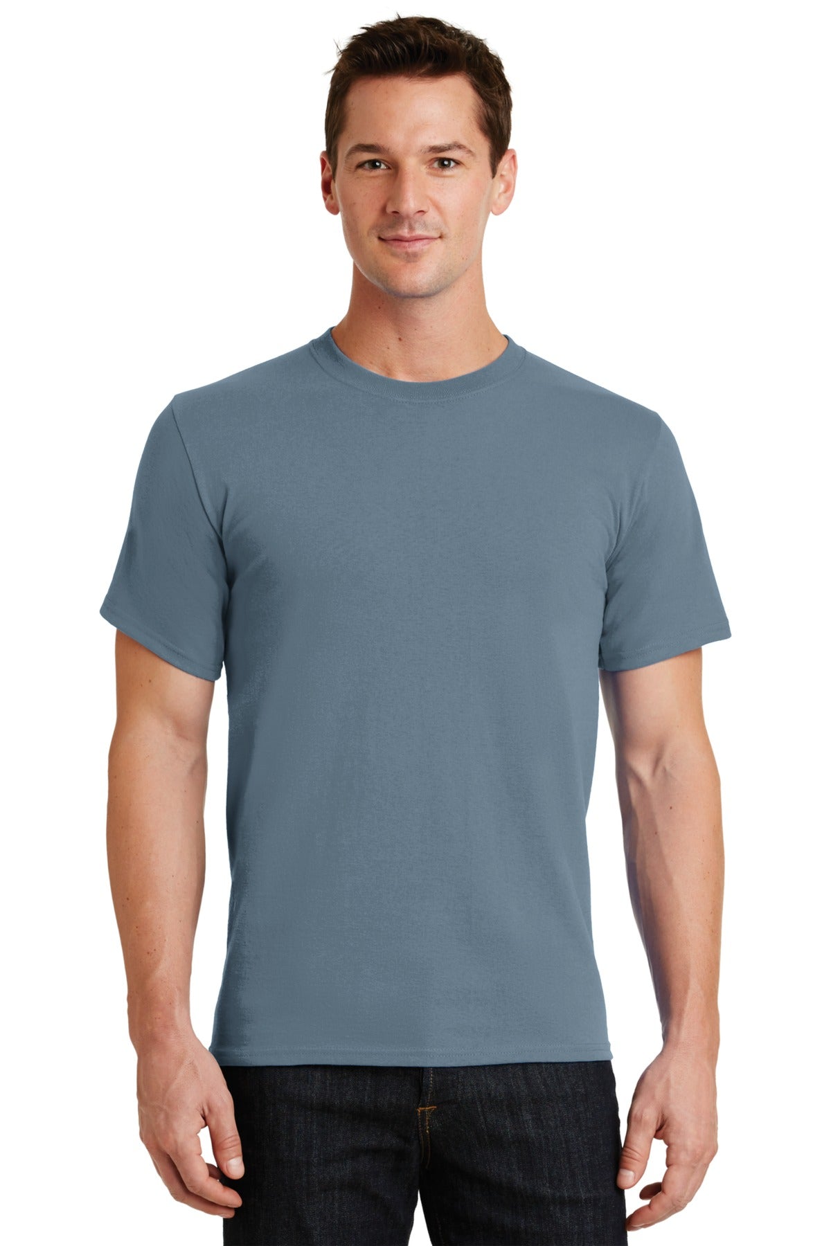 Front View of Stonewash Blue Port & Co Essential Tee. PC61