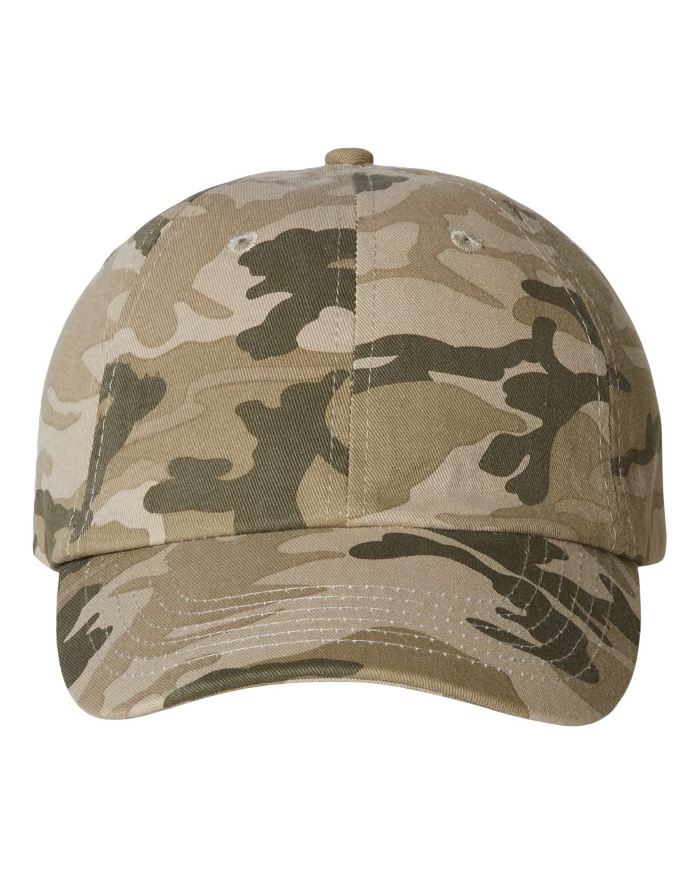 Front View of Tan Camo Bio-Washed Classic Dad Hat - VC300A