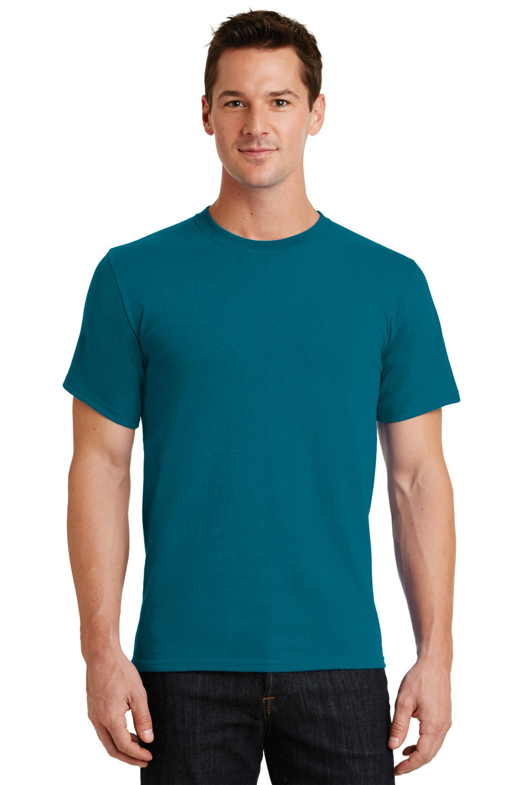 Front View of Teal Port & Co Essential Tee. PC61
