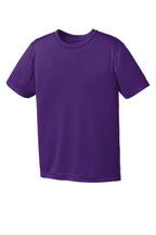 Front View of Team Purple Port & Co Youth Performance Tee. PC380Y