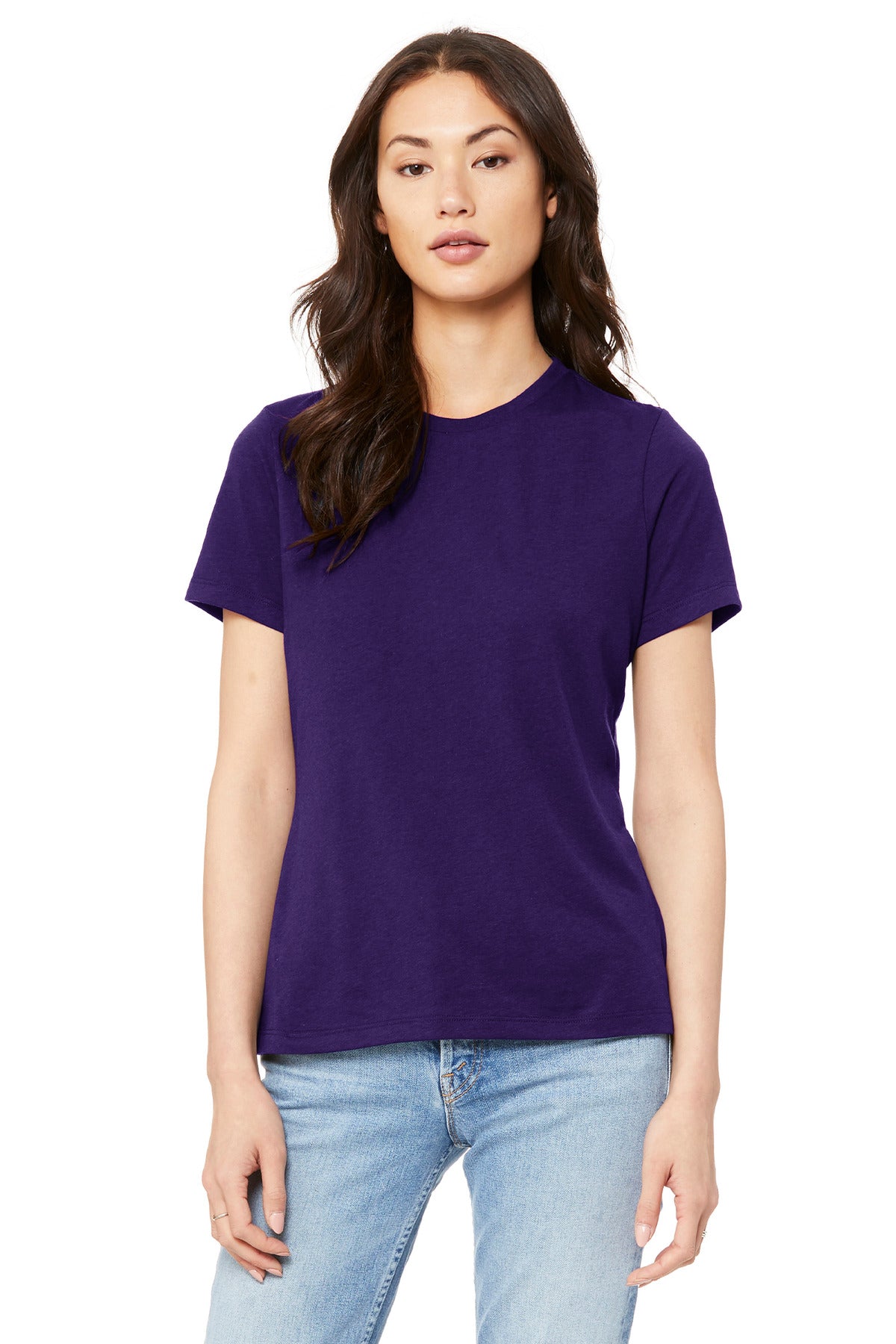 Front View of TeamPurple BELLA+CANVAS Women's Relaxed Jersey Short Sleeve Tee. BC6400