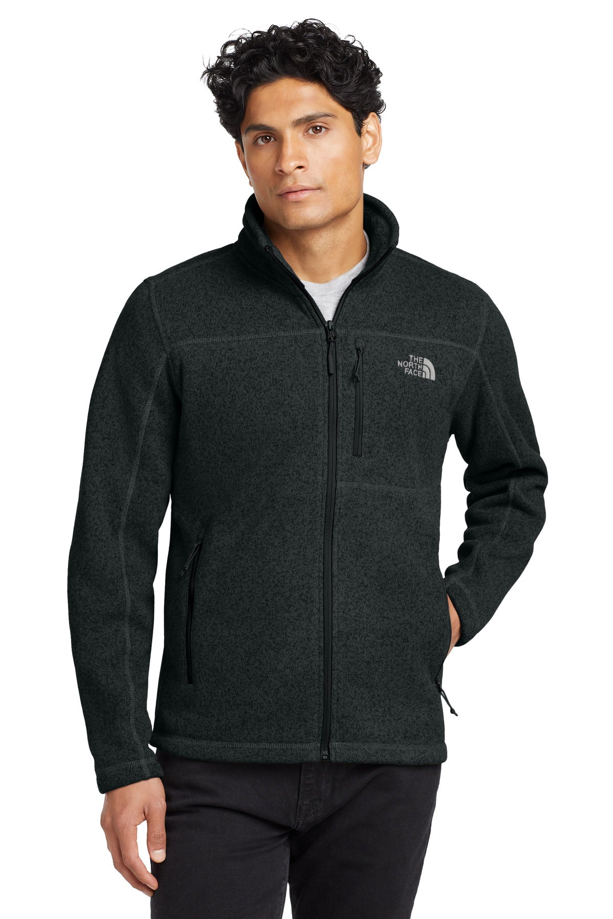 Front View of TNF Black Hthr The North Face Sweater Fleece Jacket. NF0A3LH7
