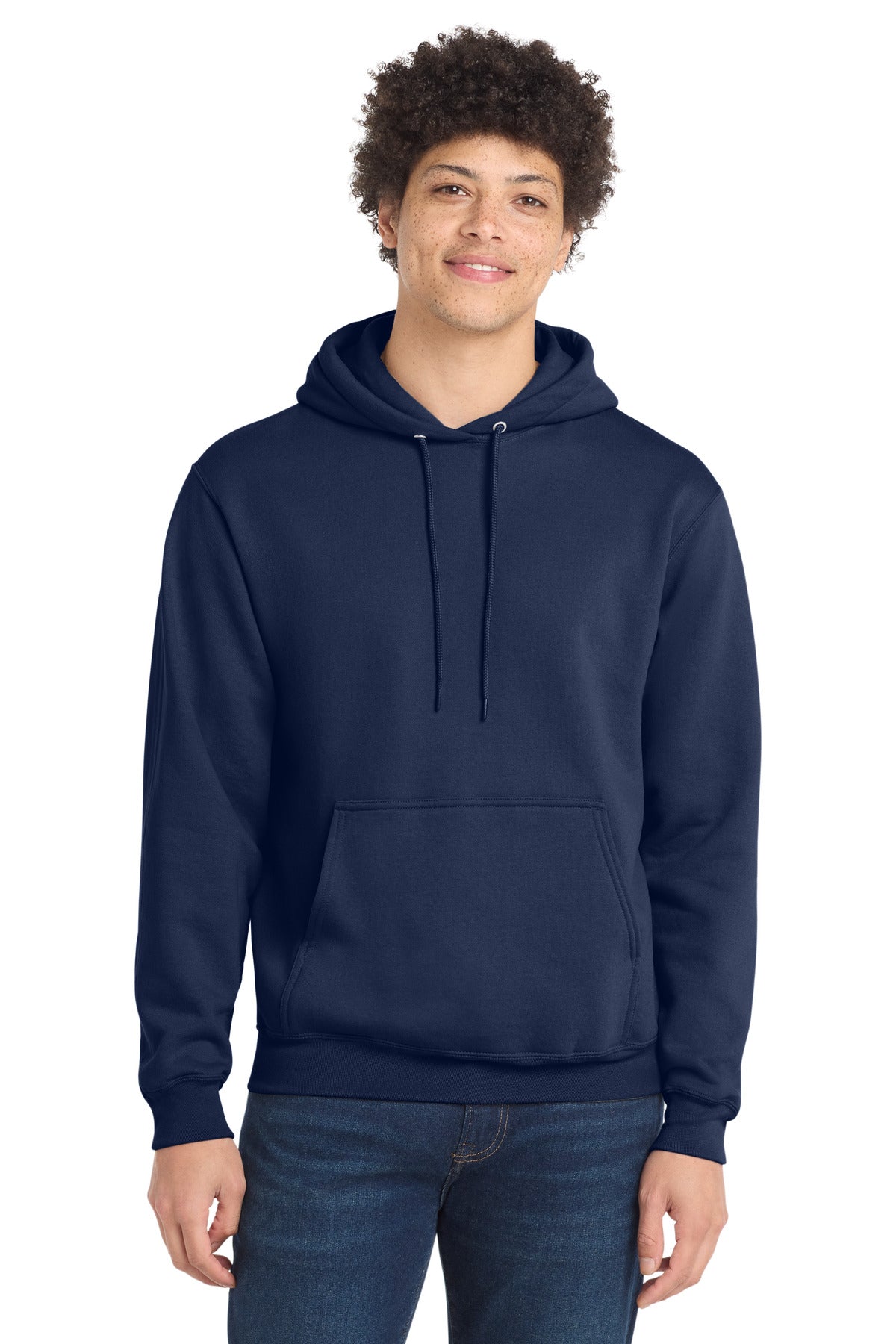 Front View of TrueNavy Port & Co Core Fleece Pullover Hooded Sweatshirt. PC78H