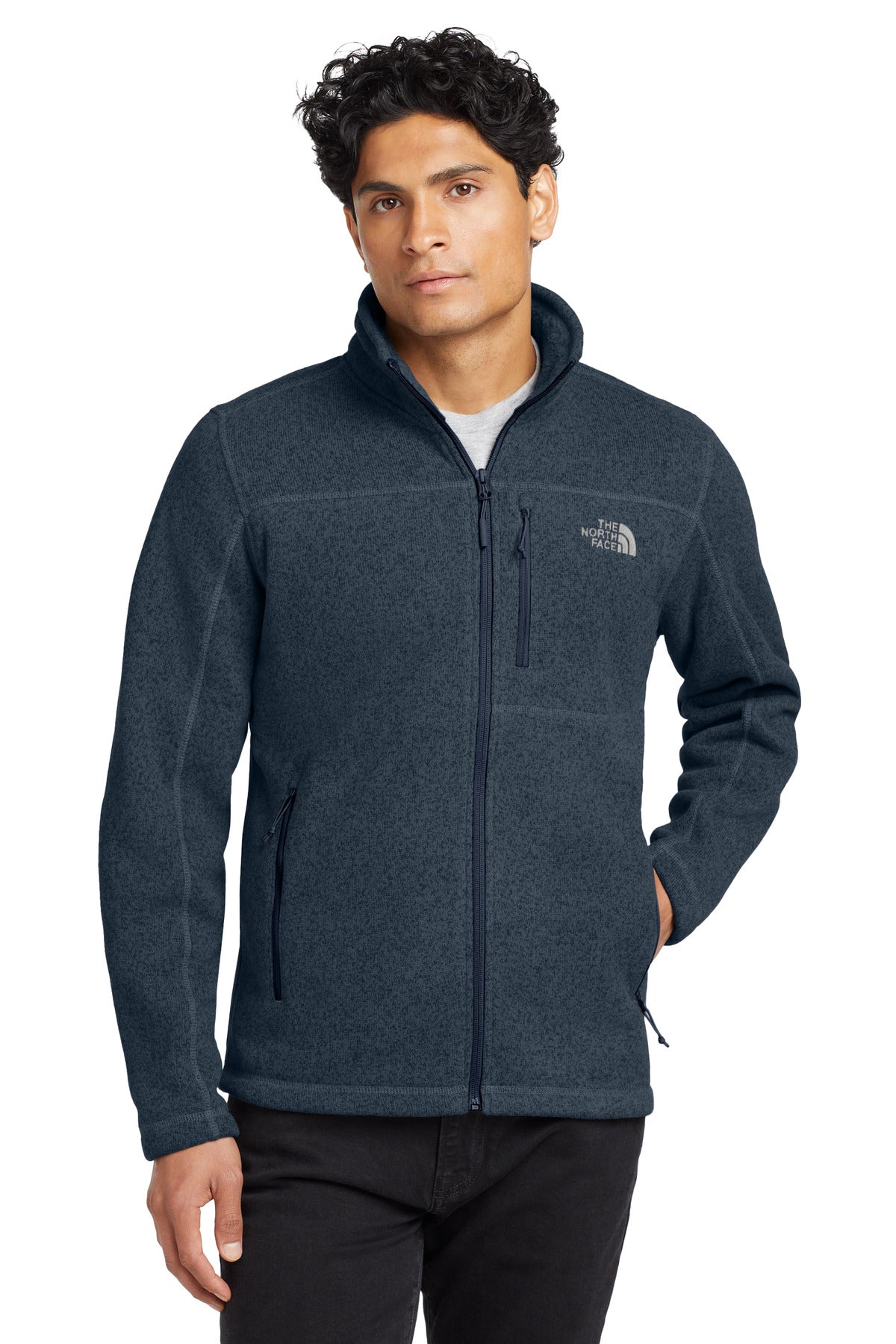 Front View of Urban Navy Hth The North Face Sweater Fleece Jacket. NF0A3LH7