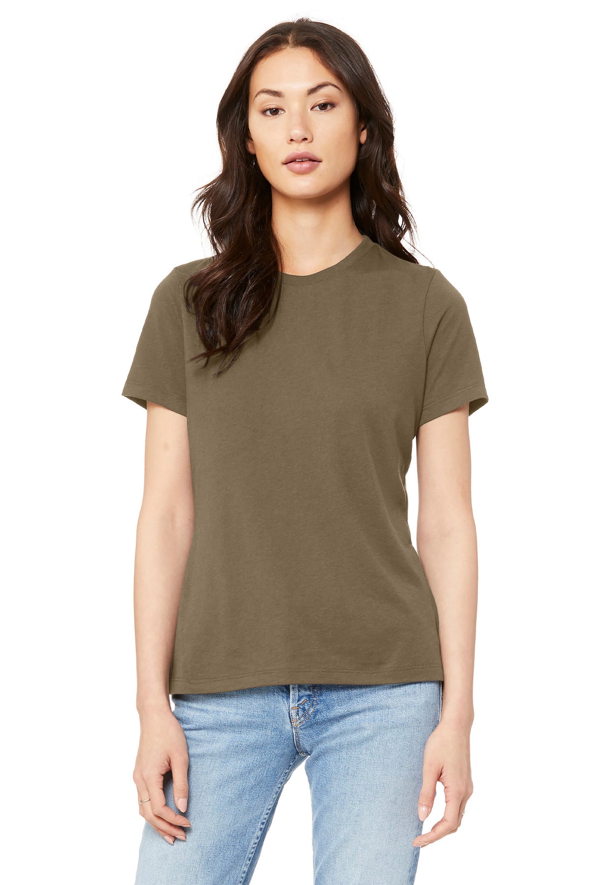 Front View of VintageBrn BELLA+CANVAS Women's Relaxed Jersey Short Sleeve Tee. BC6400