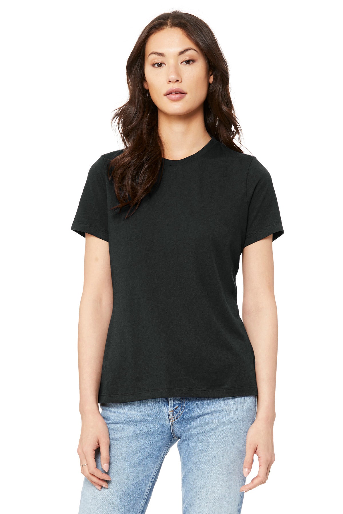 Front View of VtgBlack BELLA+CANVAS Women's Relaxed Jersey Short Sleeve Tee. BC6400