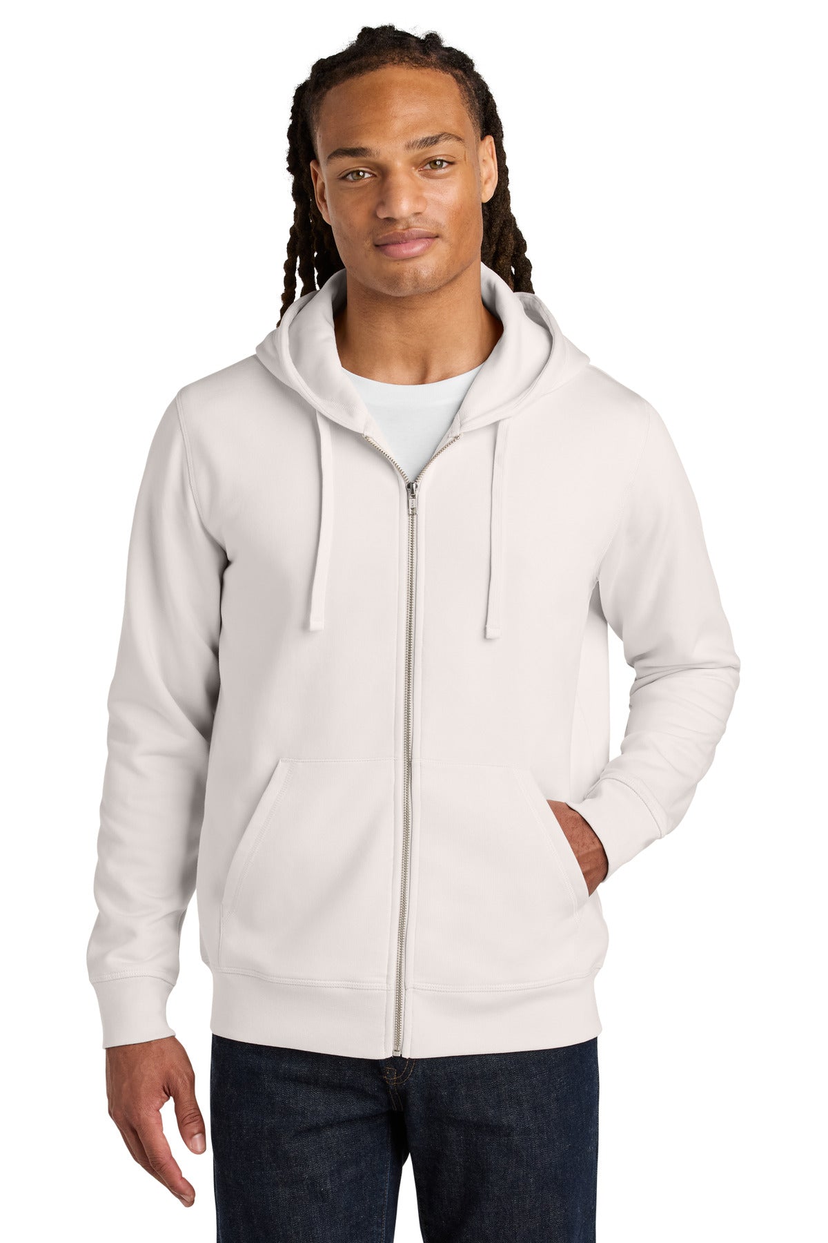 Front View of VtgWhite Stanley/Stella Unisex Mixer Full-Zip Hooded Sweatshirt SXU011